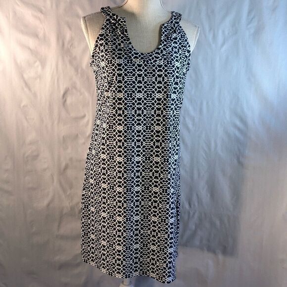 Aryeh Navy Blue & White Design Sheath Sleeveless Scope Neck Dress Size S… - Picture 1 of 8